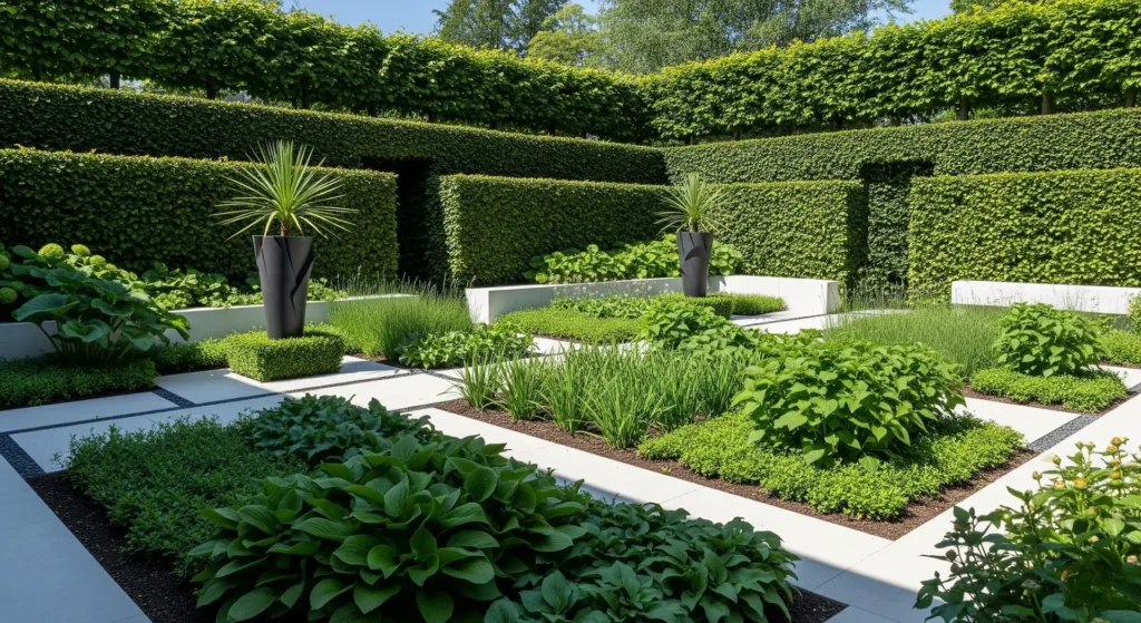 Jardín con seto alto, setos bajos y medios perfectamente mantenidos