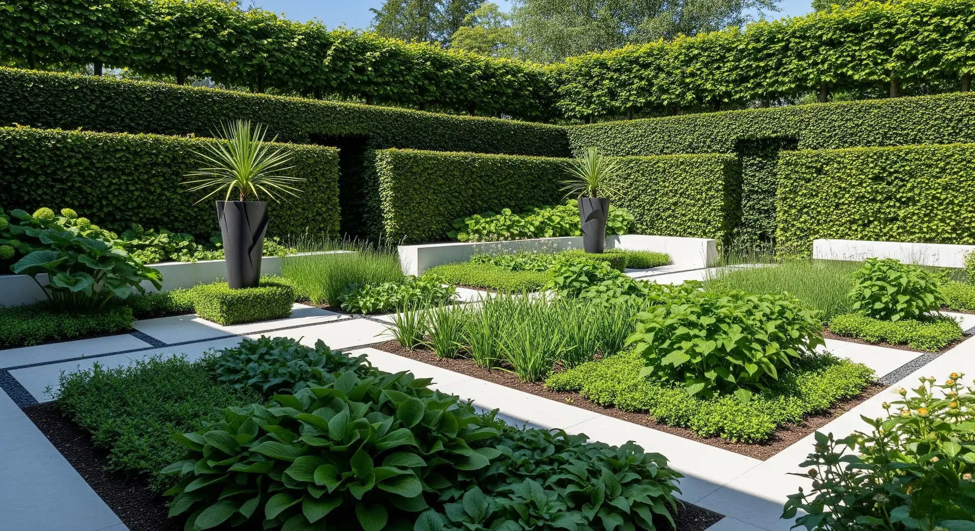 Jardín con seto alto, setos bajos y medios perfectamente mantenidos