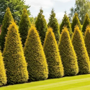 tuya oriental piramidal aurea en alineación de jardín