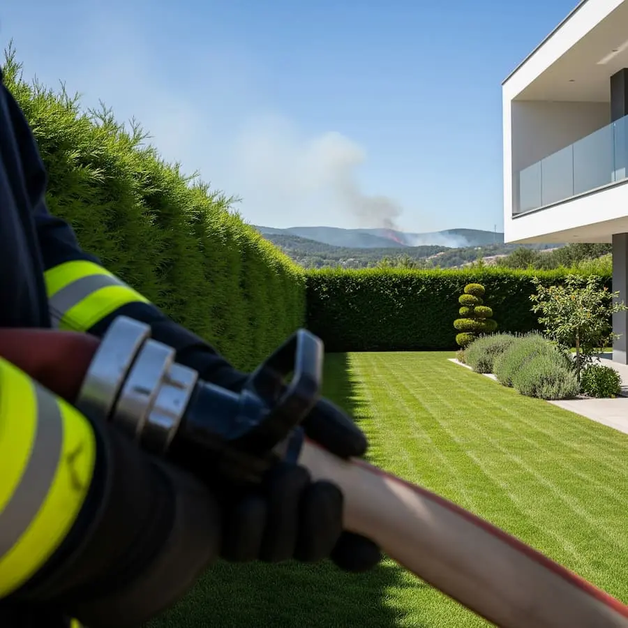 Alerta incendio, bombero en jardín
