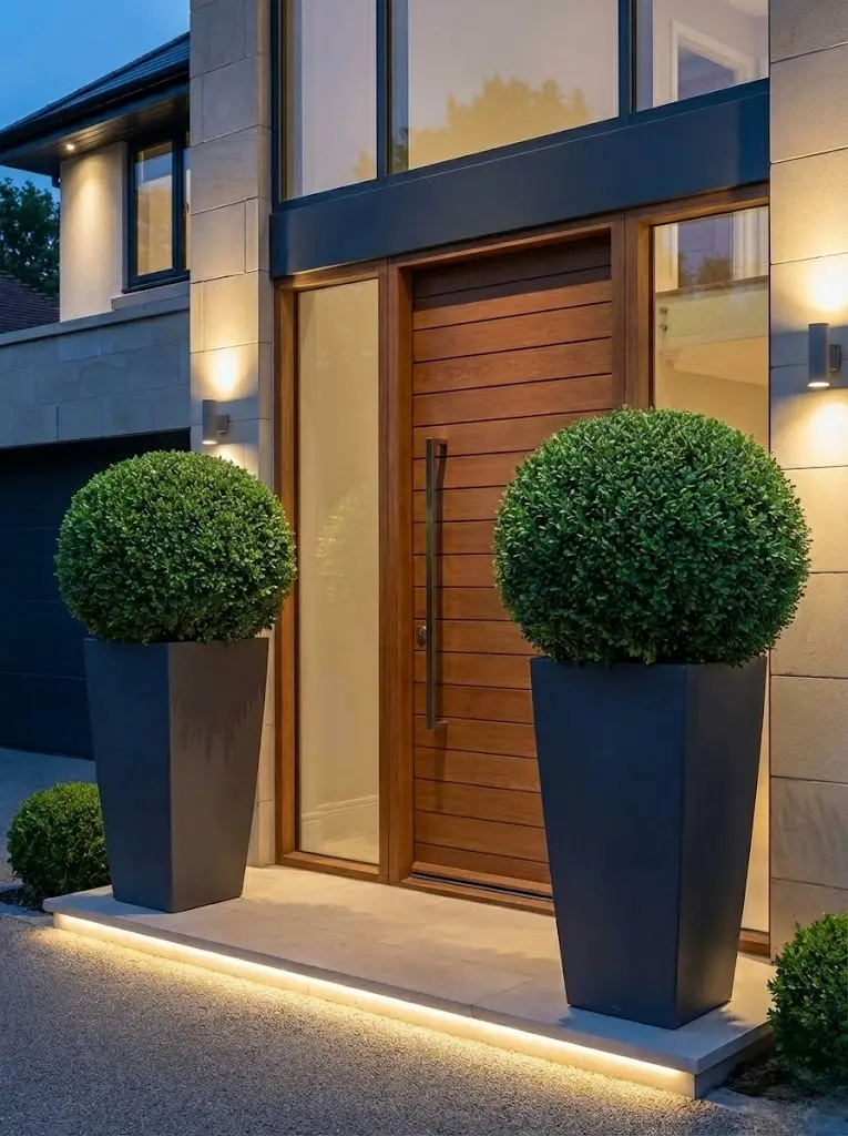 bolas de boj en maceta alta cuadrada, elegancia a la entrada en chalet Madrid