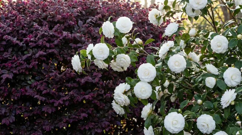 camelia japonica blanca en combinación perfecta con loropetalo