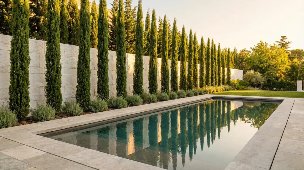 Alineación de ciprés totem en chalet Alcobendas