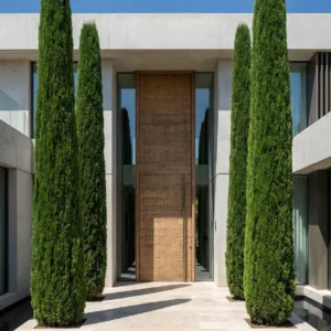 ciprés totem flanqueando la entrada de chalet moderno