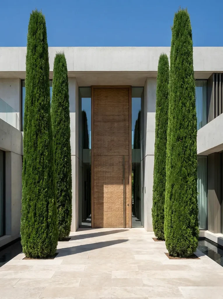 ciprés totem flanqueando la entrada de chalet moderno