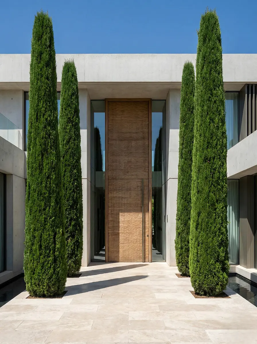 ciprés totem flanqueando la entrada de chalet moderno