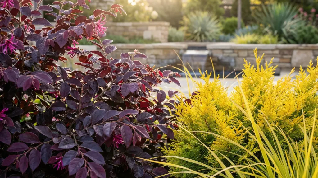 el loropetalo combina con muchas otras especies en el jardín, sobre todo con las de tonalidades doradas
