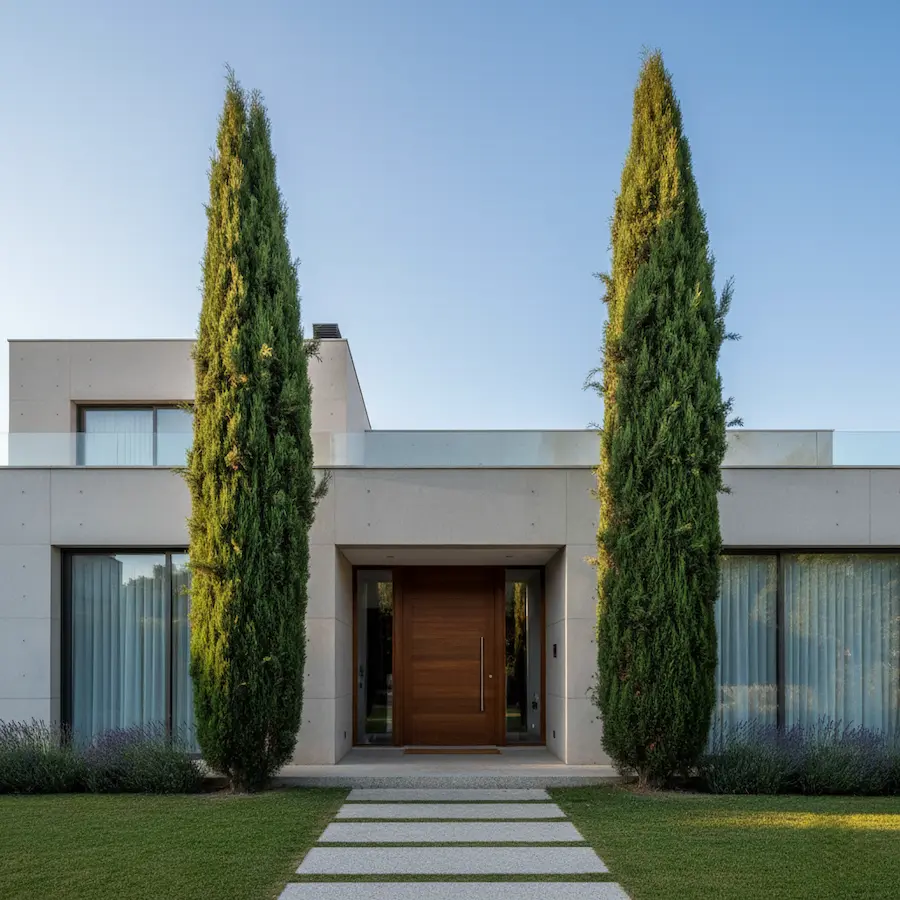 Cipreses flanqueando entrada chalet
