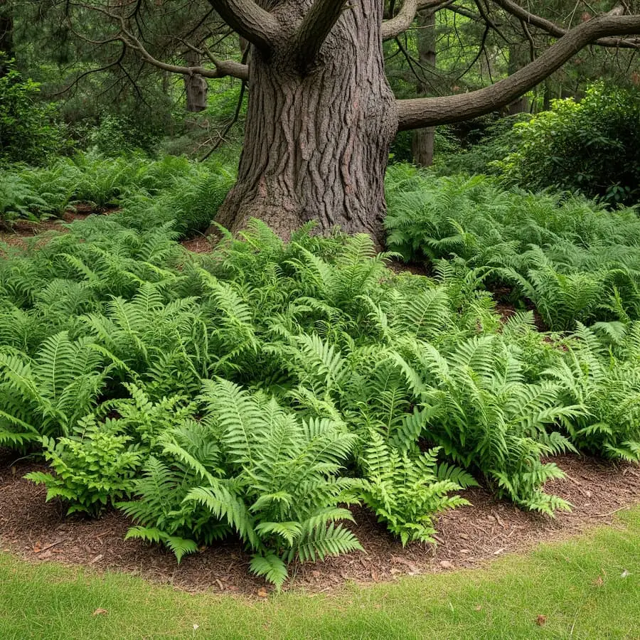 helecho al pie de un pino