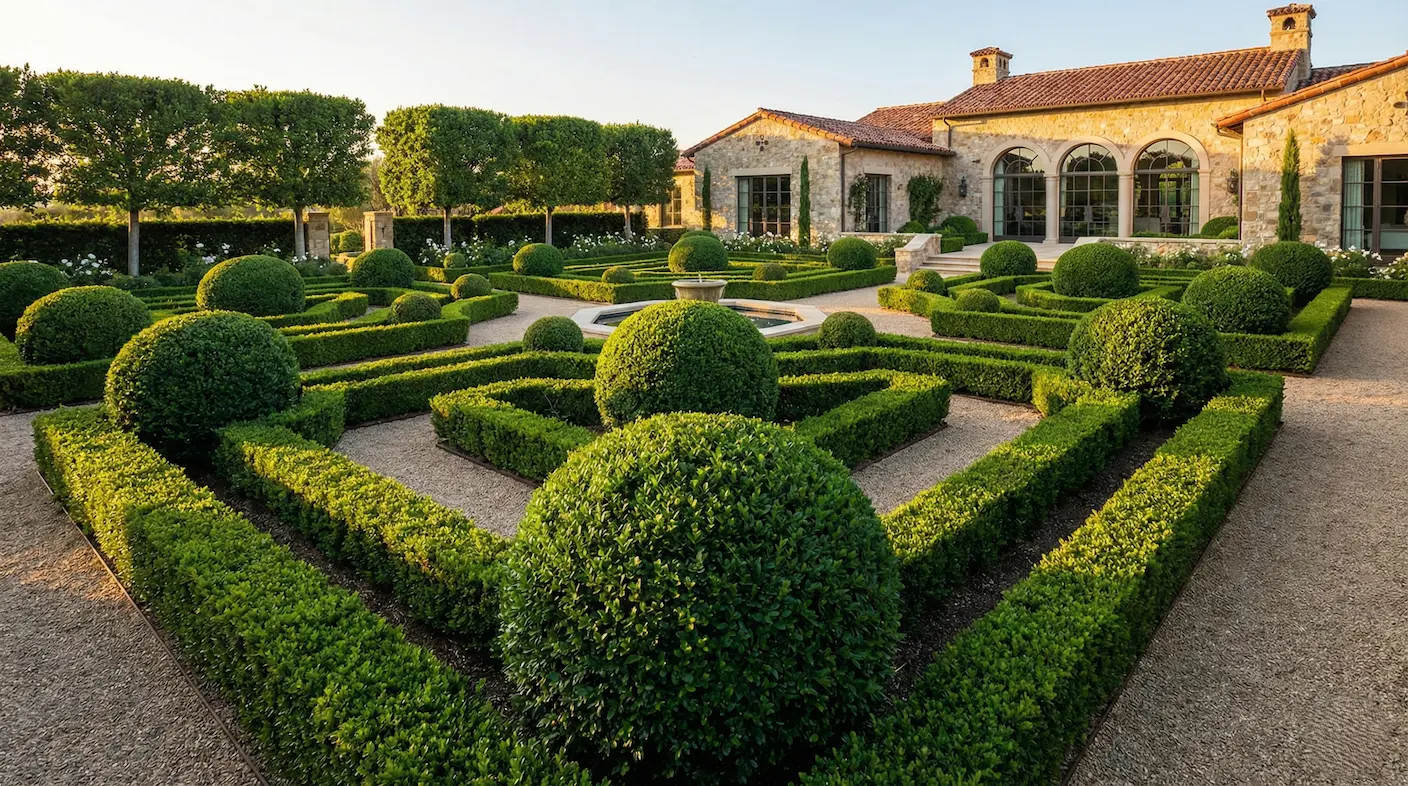 Jardín clásico con topiaria de boj faulkner en la Toscana Florencia