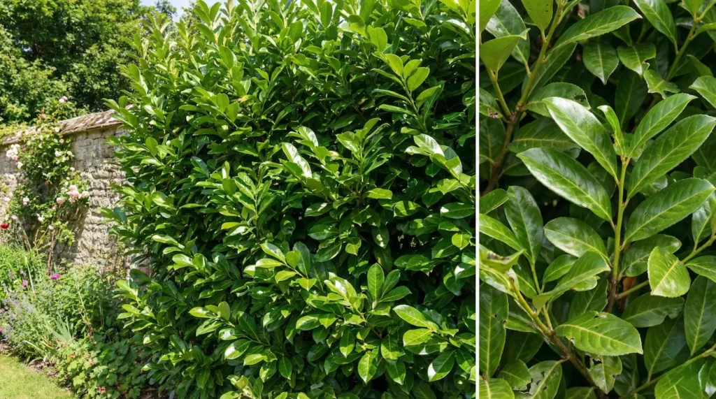 laurocerasus seto y detalle hojas lauresl cerezo, una opción segura para un seto tupido y siempreverde