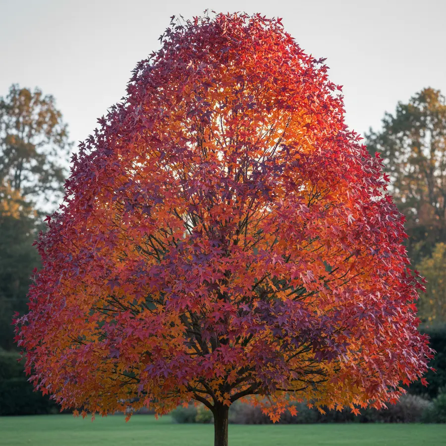 liquidambar ejemplar aislado en jardín espectacular otoño