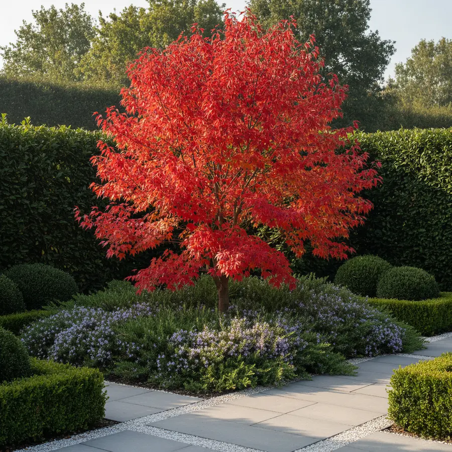 Liquidambar en macizo de rastreras y aromáticas en otoño