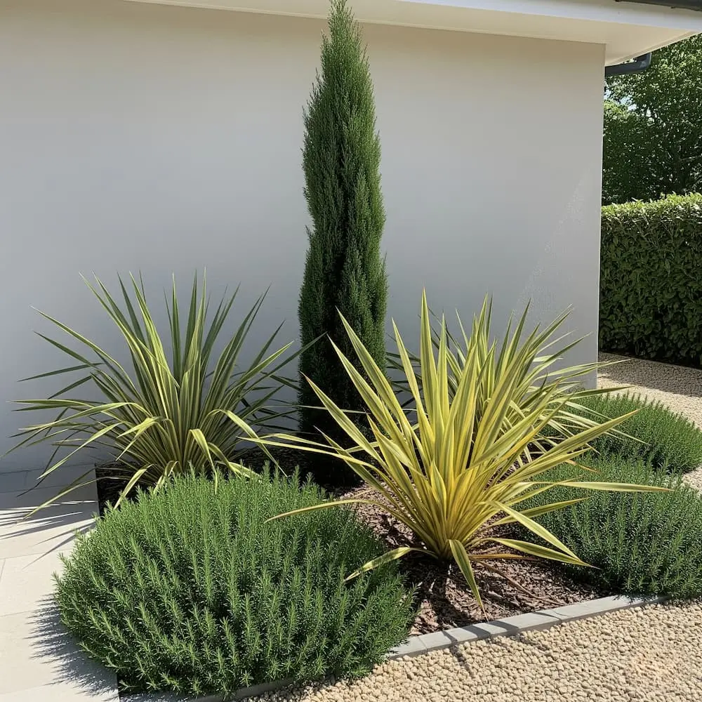 macizo con phormium romero rastrero combinación formios con otras plantas de bajo mantenimiento, una estructura singular para el jardín