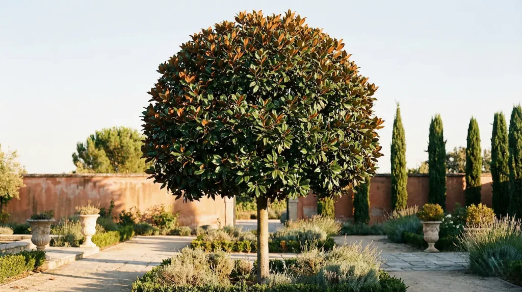magnolia en forma de árbol con poda topiaria en jardín florentino