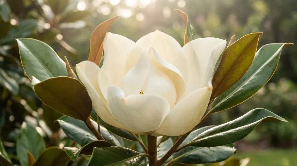 Magnolia grandiflora, auténtia joya botánica, una floración única ideal para jardnes de tamaño medio y grande.