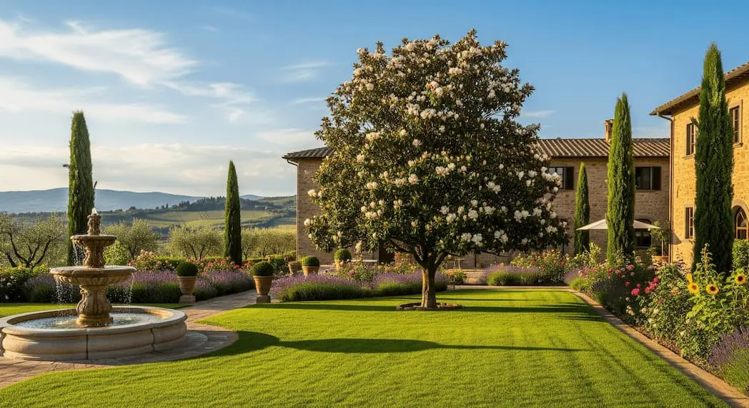 Magnolio de gran tamaño en jardín de la Toscana