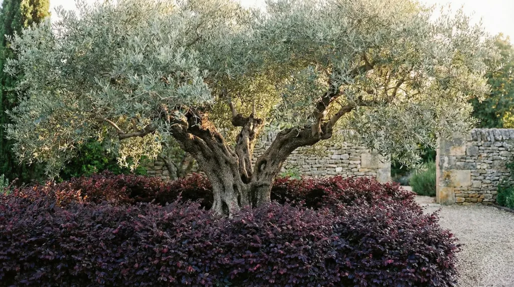 olivo centenario en combinación con loropetalo