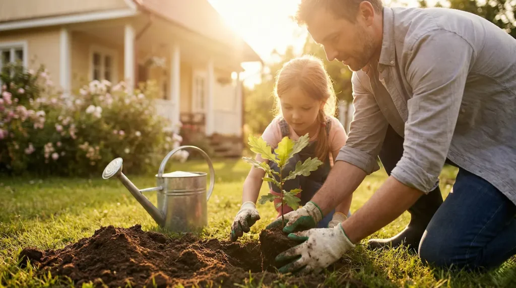 padre e hija plantan un árbol joven en jardín