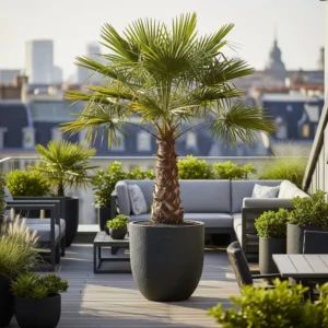 Chamaerops excelsa en maceta de diseño en terraza Madrid