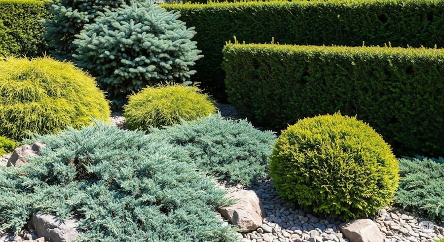jardín de coníferas con portes y colores variados