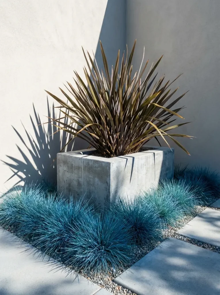 formio en maceta con base de grava y festuca glauca