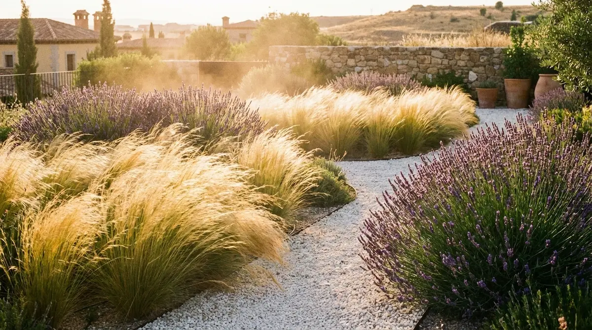 un jardín de bajo riego con gramíneas y aromáticas