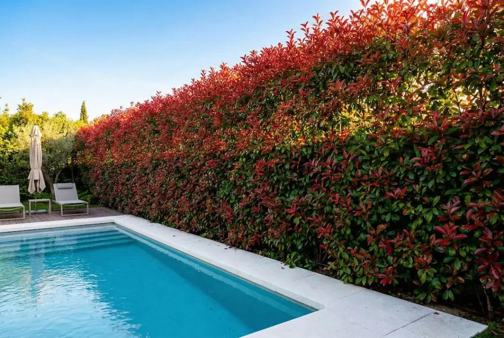 seto de fotinia red robin jardín con piscina
