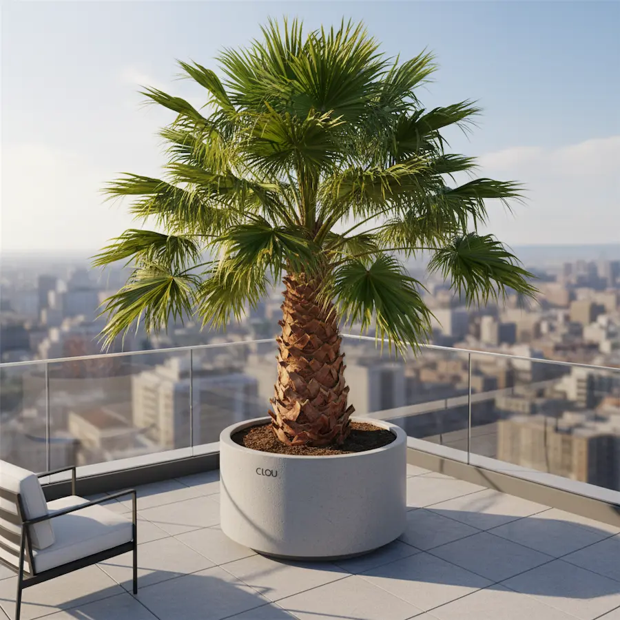 whasingtonia robusta en ático de Madrid, plantado en maceta de diseño