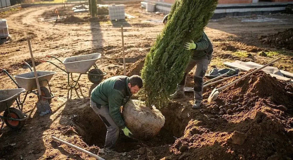 Jardineros plantando ciprés ejemplar en jardín nuevo Majadahonda