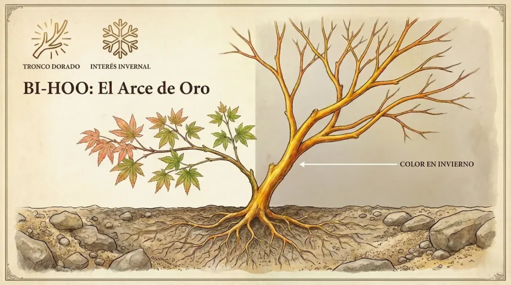 infografia arce bi-hoo el arce japonés de tronco dorado, muy interesante en invierno