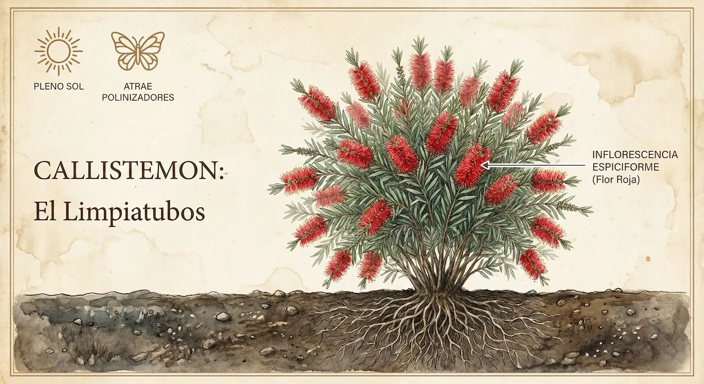 Flor roja del Callistemon o Limpiatubos en detalle