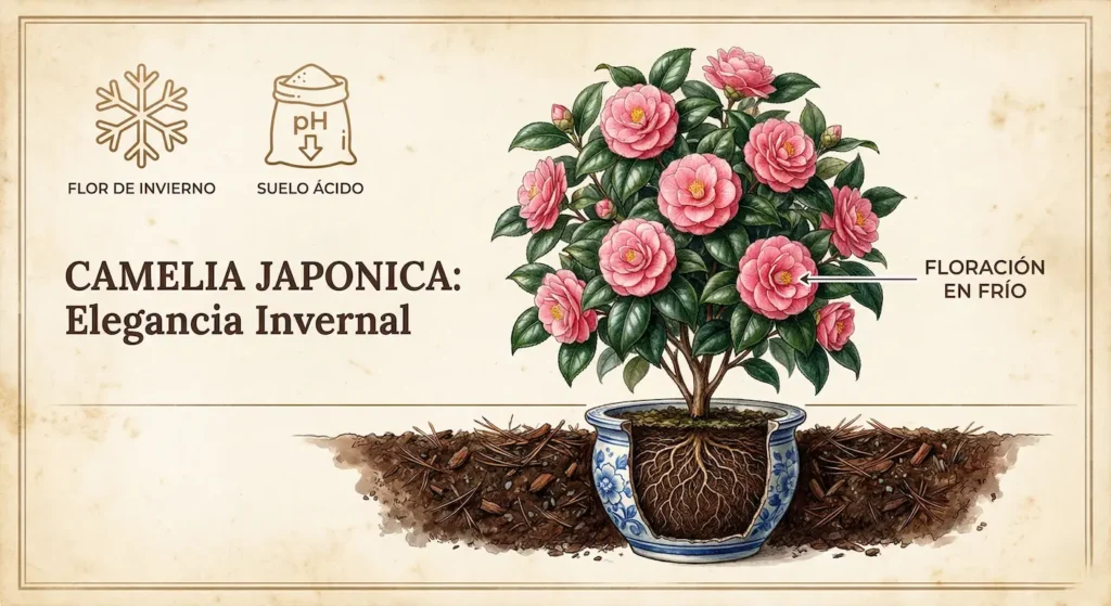 el arbusto de hojas brillantes y grandes flores como de porcelana