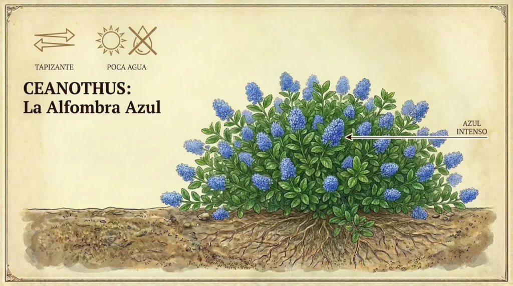 Ceanothus una tapizante de hoja perenne y floración de un color azul vivo muy duradera
