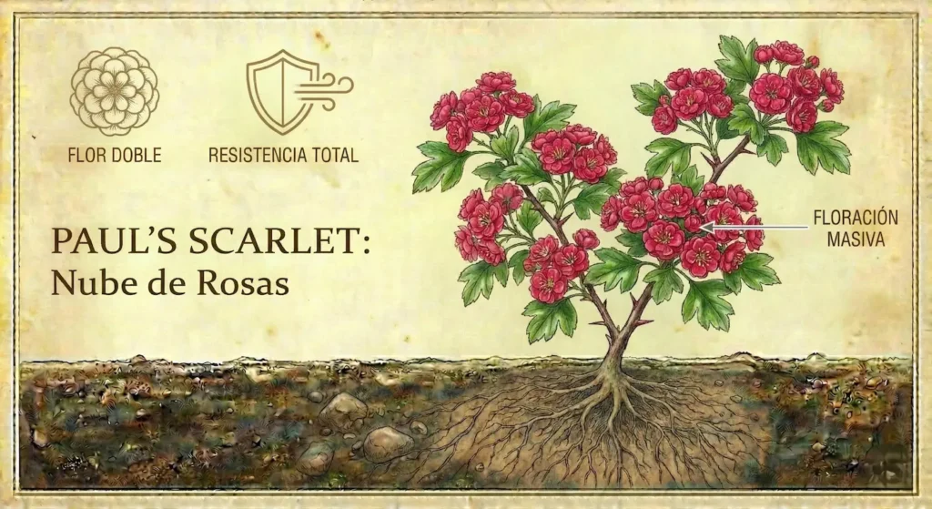 infografia de crataegus paul scarlet arbol de floración muy bonita, provisto de espinas en sus ramas