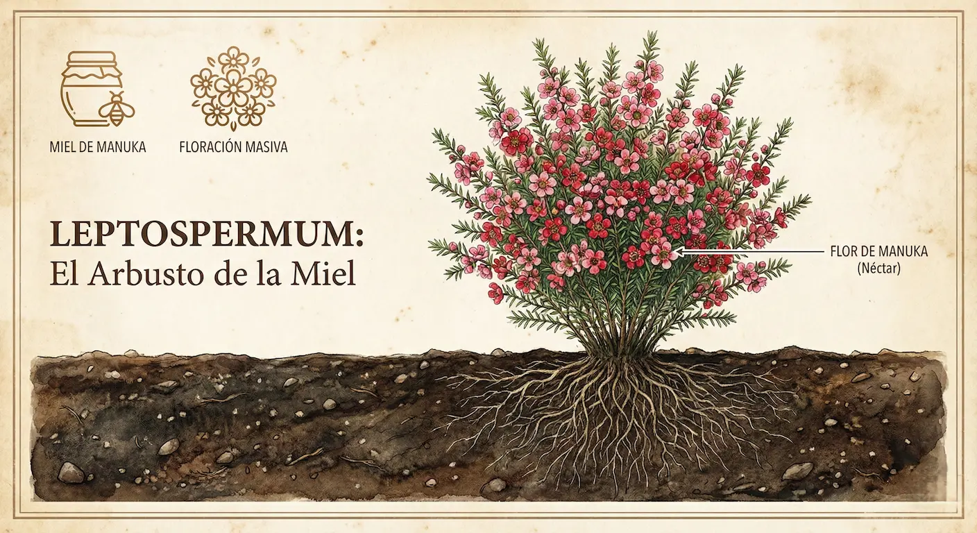 Arbusto de Leptospermum scoparium o Manuka lleno de flores rosas y rojas