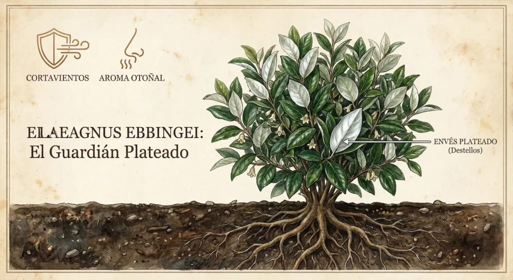 Hojas de Eleagno Elaeagnus ebbingei con envés plateado y flores blancas