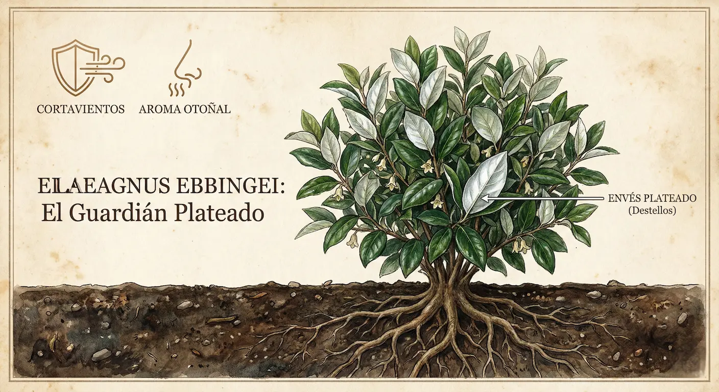 Hojas de Eleagno Elaeagnus ebbingei con envés plateado y flores blancas