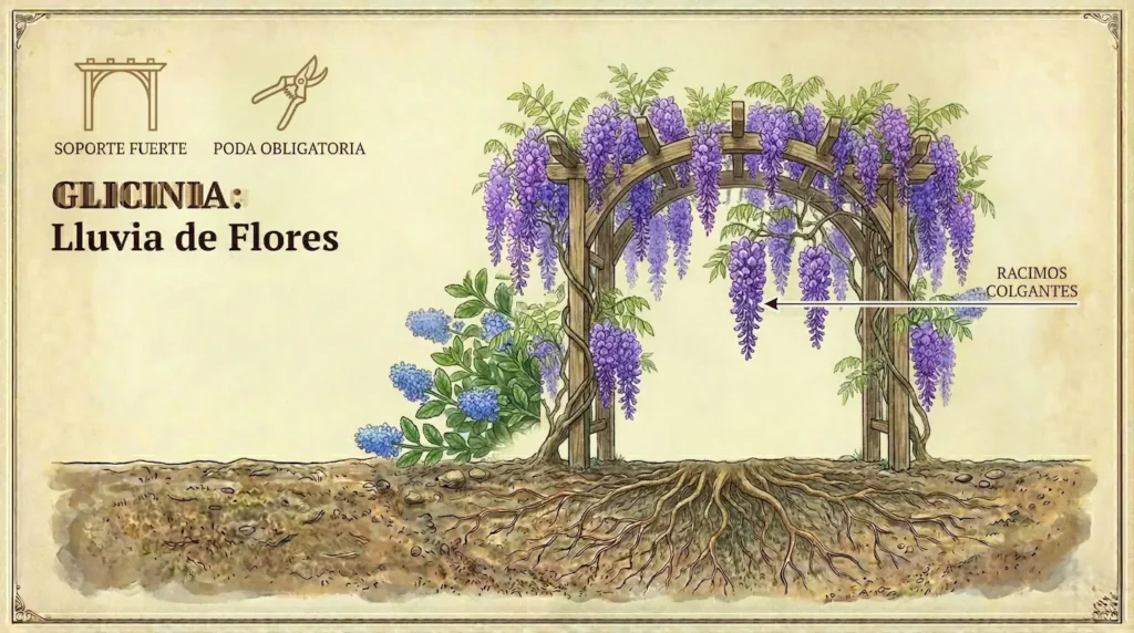 La glicinia es seguramente la trepadora más espectacular por su floración en racimos de color lila