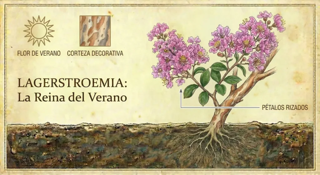 infografia lagerstroemia indica en floración rey indiscutible de los meses de julio, agosto y septiembre