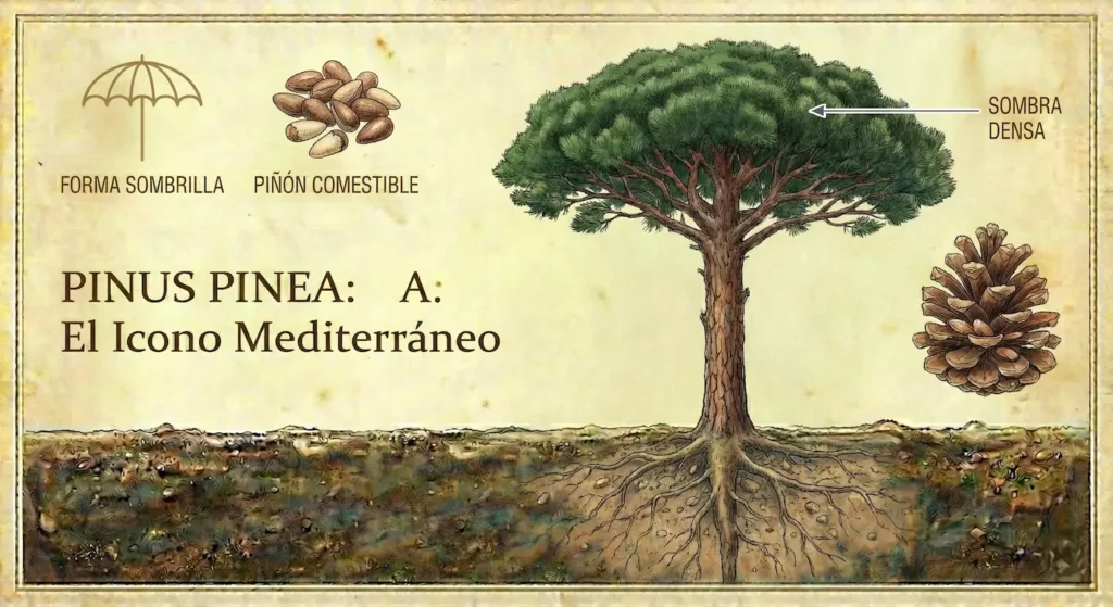 infografia pinus pinea el símbolo del jardín mediterráneo, siempreverde