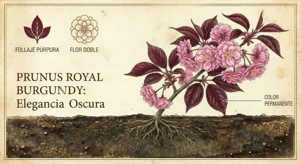 cerzo japonés de flor rosa doble y hojas púrpura