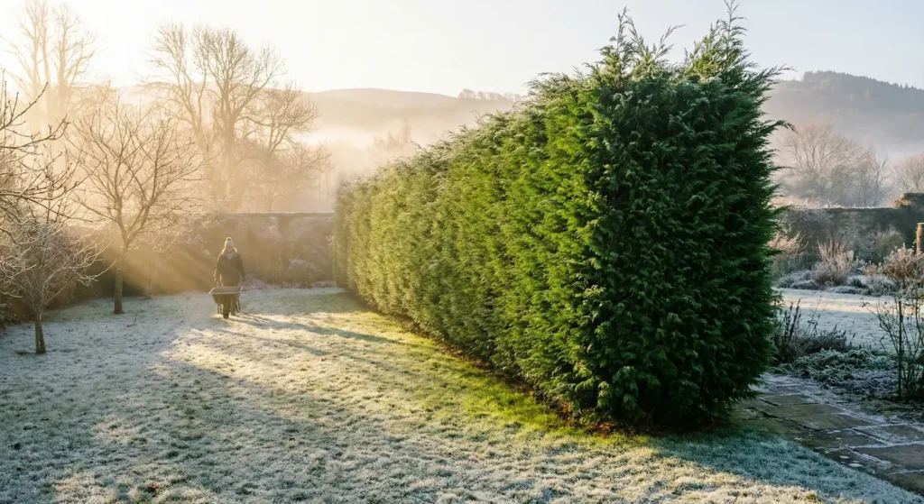 jardín en invierno, trabajos de preparación con jardinero