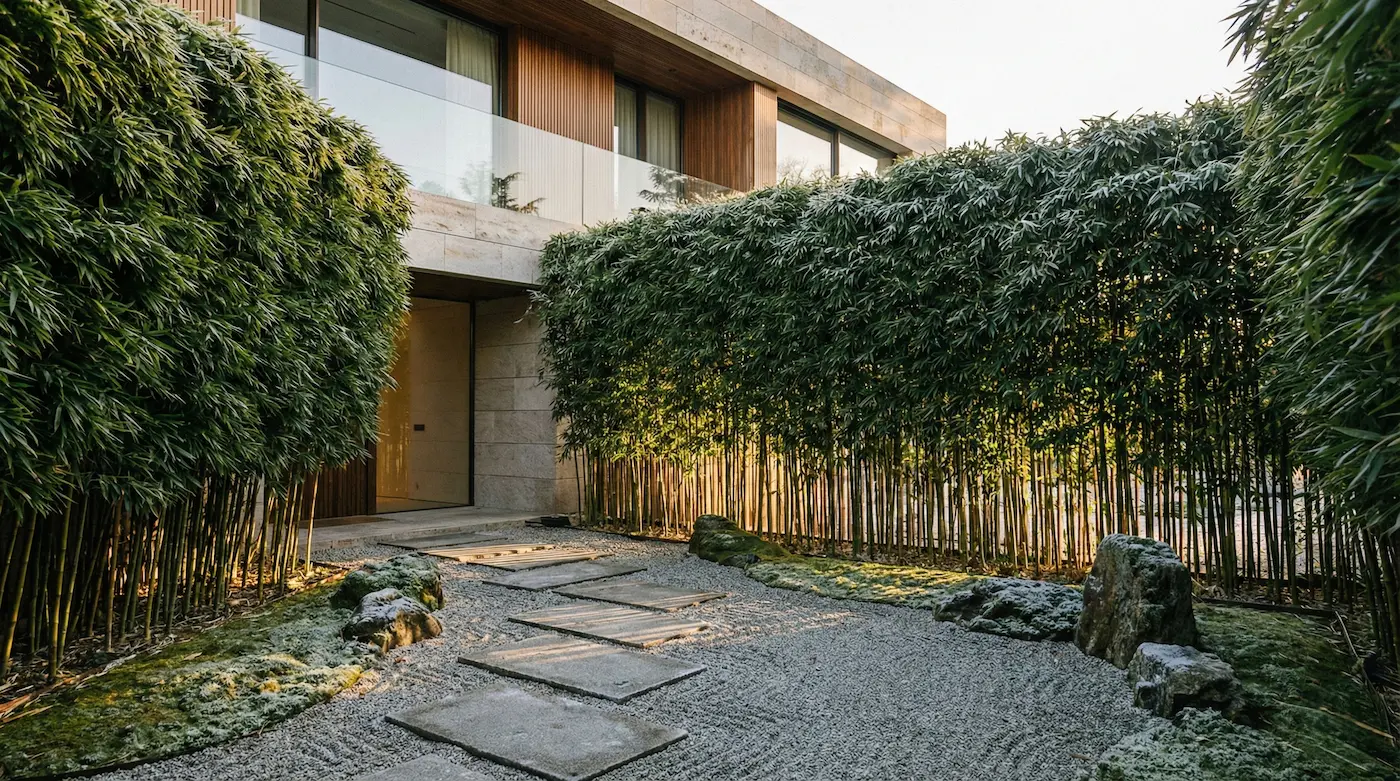 seto de bambú en entrada de chalet con paso de grava y losas