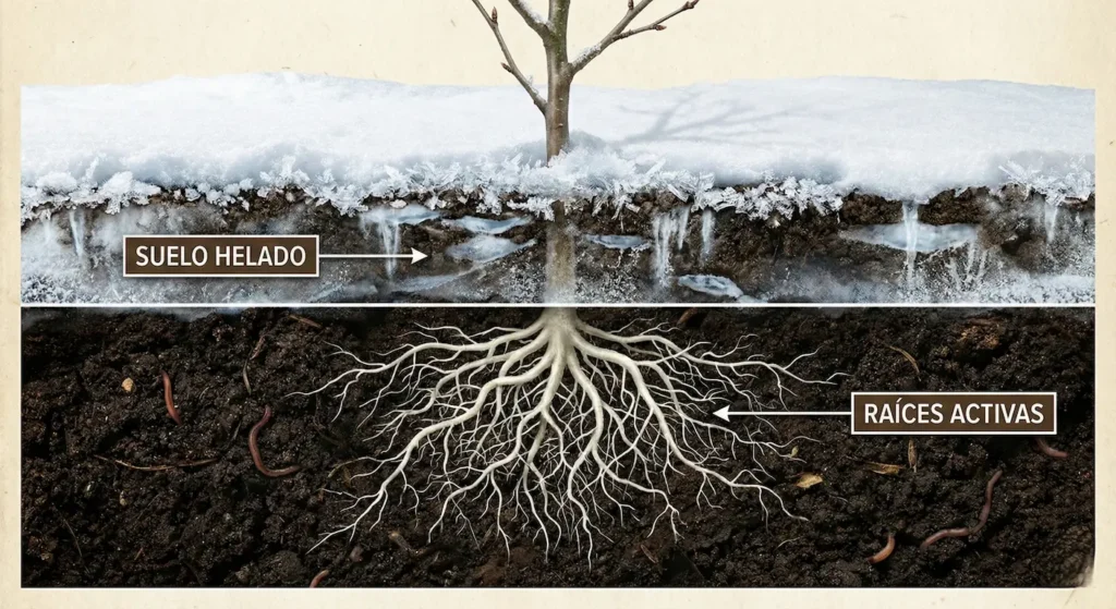 infografía muestra como desarrolla el sistema radicular en invierno a pesar del hielo y frío ambiental