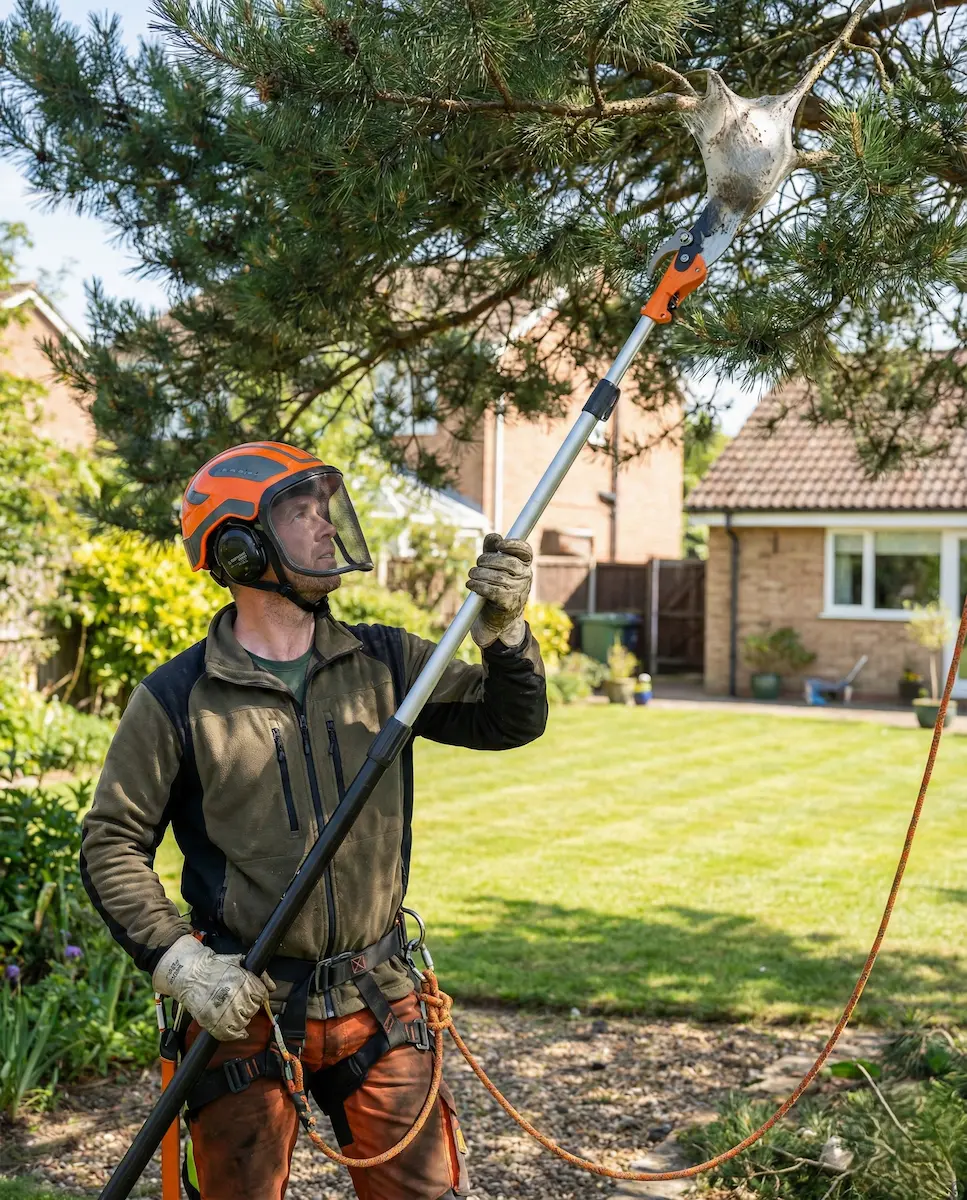 retirada de bolsones de procesionaria jardinero con equipación de seguridad