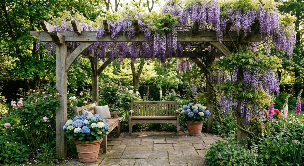 pérgola con glicinia en flor