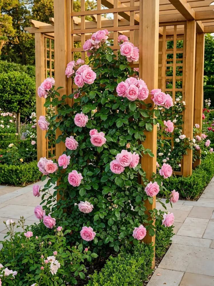 rosa queen elizabeth rosal floribunda sobre pérgola de madera